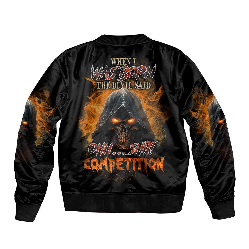 Black bomber jacket with ribbed collar, flame skull graphic on back