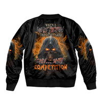 Black bomber jacket with ribbed collar, flame skull graphic on back