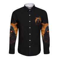 Black long-sleeve button shirt with chest skull logo and flame sleeve graphics