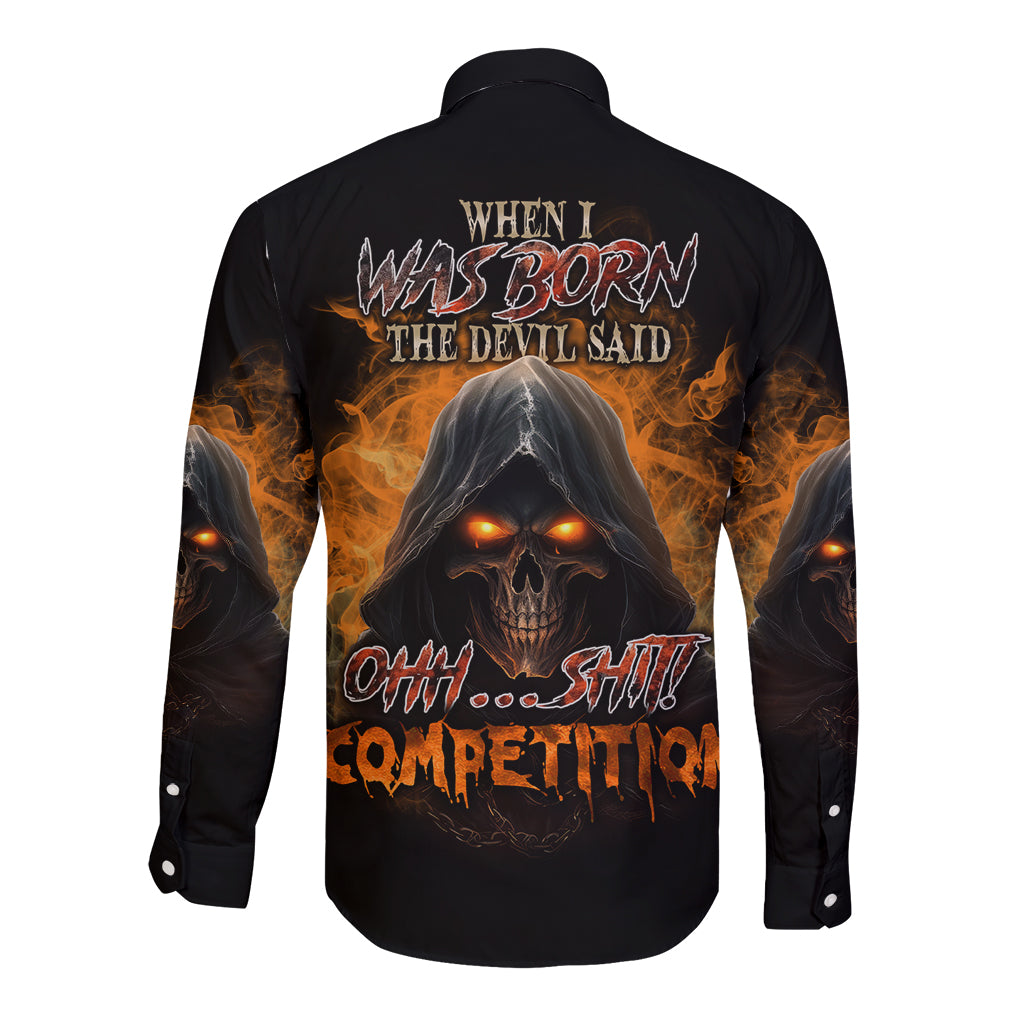 Black long-sleeve button shirt with fiery skull back graphic and text