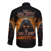 Black long-sleeve button shirt with fiery skull back graphic and text