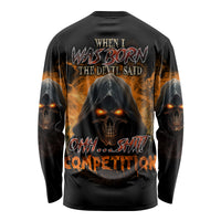Black unisex long-sleeve shirt with fiery flames and skull reaper back print