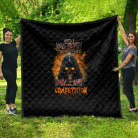 Black quilted fire design blanket with centered devil graphic and orange flames