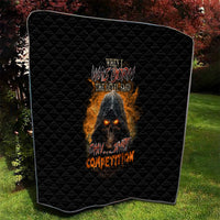 Black quilted throw blanket with devil graphic and orange flame accents