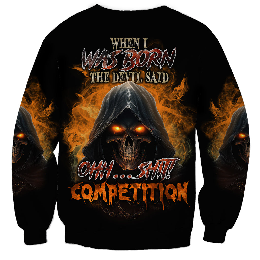 Black crewneck sweatshirt with reaper skull fire graphic and orange text