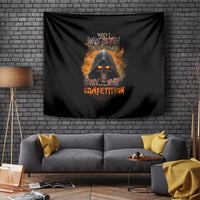 Black wall tapestry with centered fiery skull artwork and orange flame text