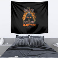 Black tapestry with fiery skull graphic and stylized flame lettering, wall-hanging