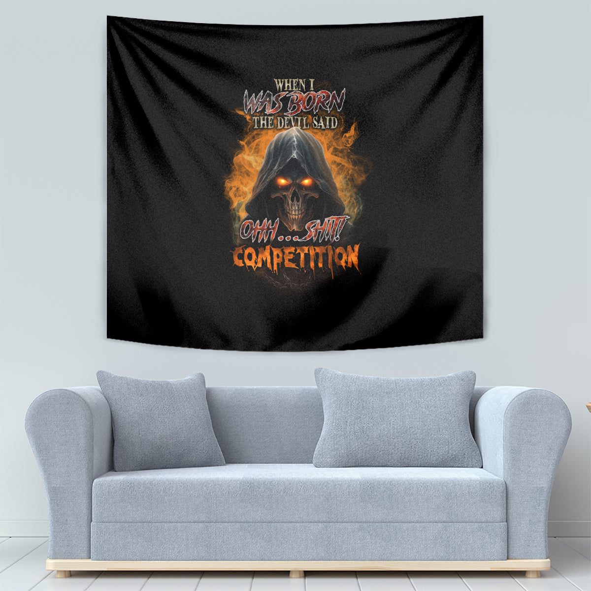 Black tapestry with centered fiery skull graphic and flame-accented text design