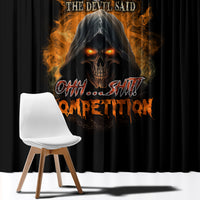 Black window curtain with fiery skull graphic and orange warning text