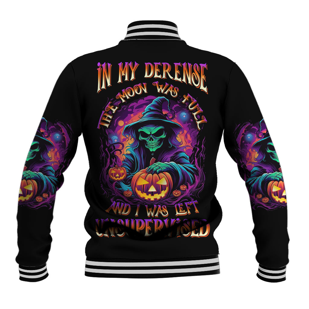Black Halloween baseball jacket with colorful back graphic and ribbed striped cuffs