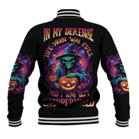 Black Halloween baseball jacket with colorful back graphic and ribbed striped cuffs