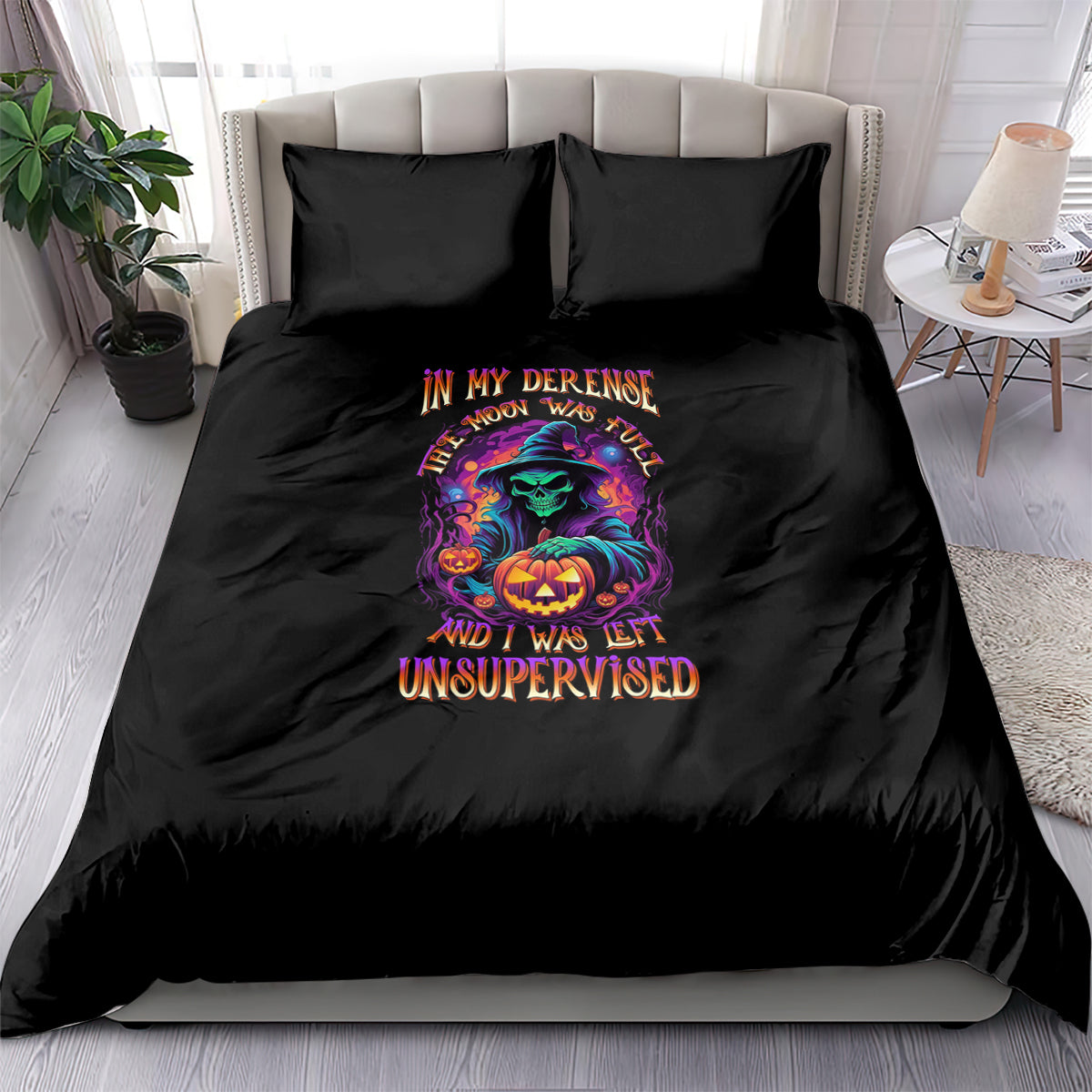 Black Halloween bedding set with colorful witch-and-pumpkin graphic and 'unsupervised' text