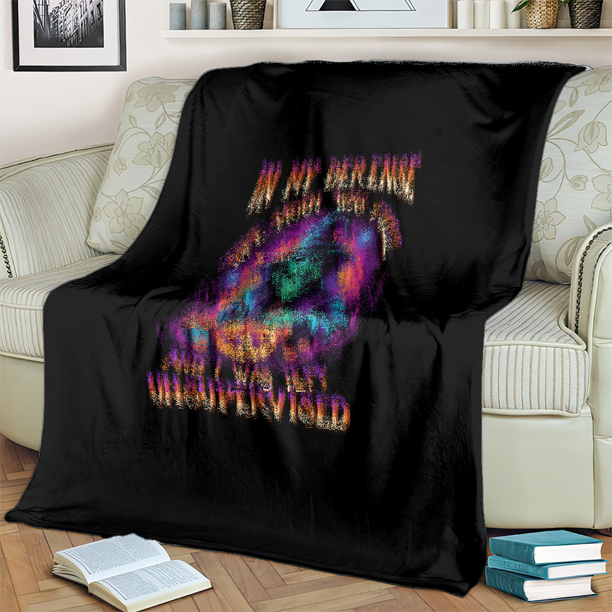 Black Halloween blanket with close-up colorful witch and pumpkin 'Unsupervised' print