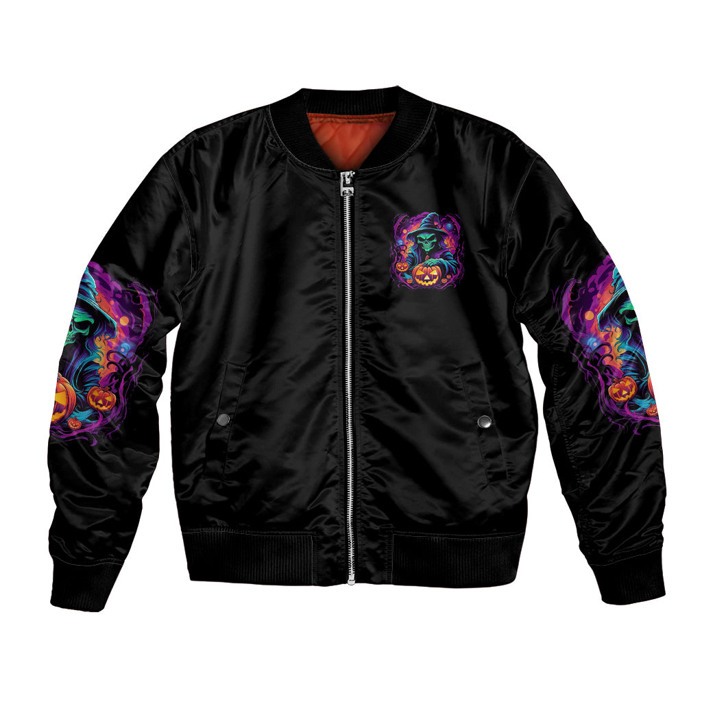Halloween bomber jacket with front zipper and small colorful skull pumpkin emblem, black