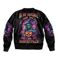 Halloween bomber jacket with colorful skull and pumpkin graphic on back, black satin