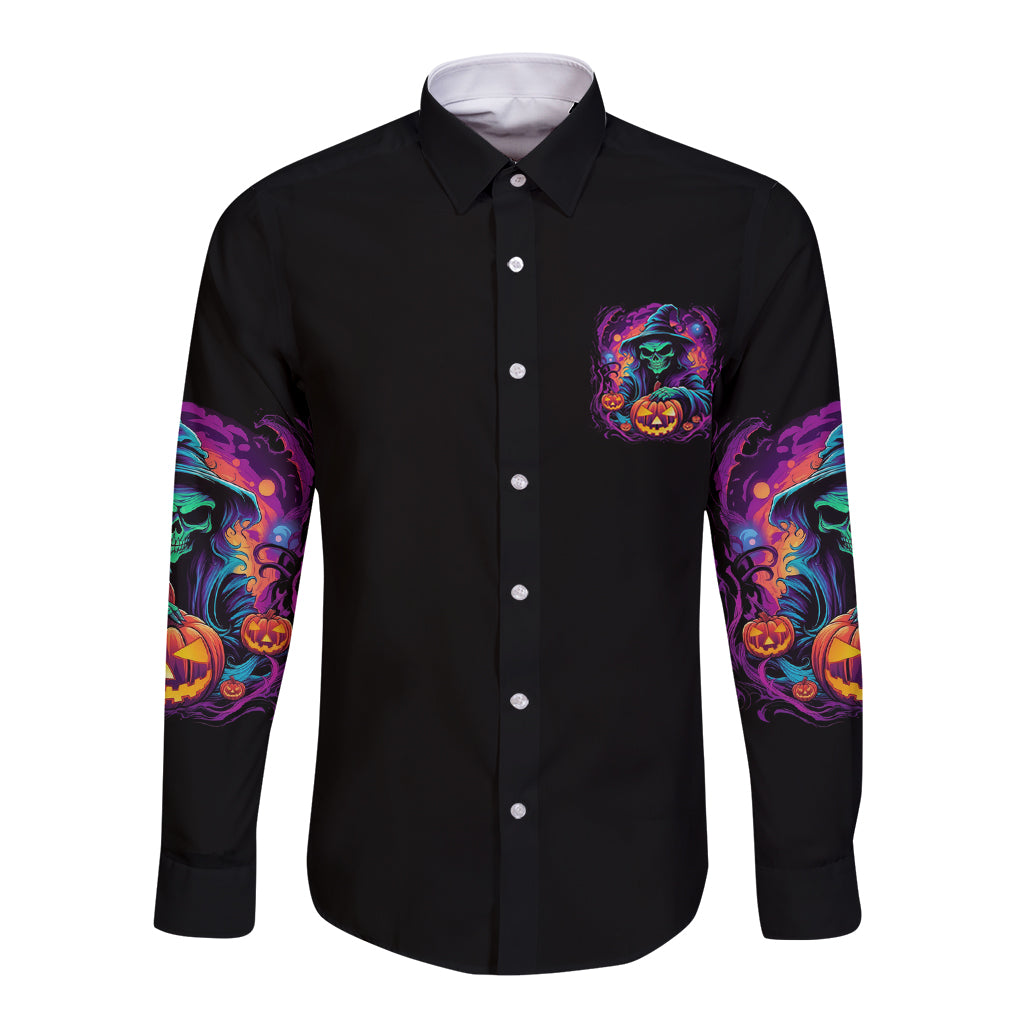 Halloween long-sleeve button shirt, black with colorful sleeve art and skull pumpkin graphic
