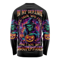 Black long-sleeve Halloween T-shirt with multicolor skull, pumpkins and speech text