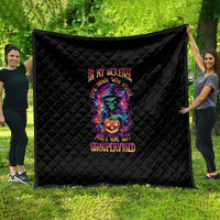 Black Halloween quilt with colorful skeleton cat graphic and quilted diamond pattern