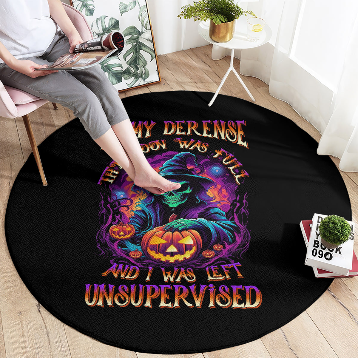 Black round Halloween rug with colorful skull, pumpkin, and flame graphic