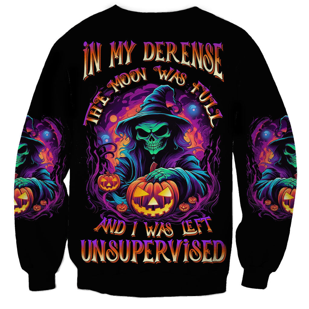Black Halloween sweatshirt with colorful witch skull, pumpkins, and text graphic