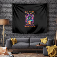 Black Halloween tapestry with multicolor skull-witch graphic and readable text