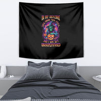 Black Halloween tapestry with multicolor pumpkin witch graphic and stacked text