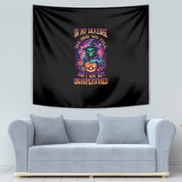 Black Halloween tapestry with multicolor pumpkin witch graphic and stacked lettering