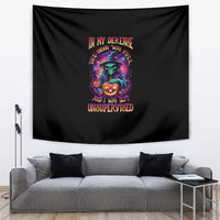 Black Halloween tapestry with multicolor pumpkin witch graphic and bold Halloween text