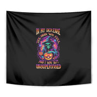 Black Halloween tapestry close-up: multicolor pumpkin witch graphic with stacked text