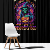Halloween window curtain with black fabric and multicolor spooky skull and pumpkin print