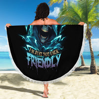 Round beach blanket, black with blue skull and text graphic, white fringe border