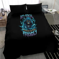 Black duvet cover and pillowcases with teal skull artwork and slogan text