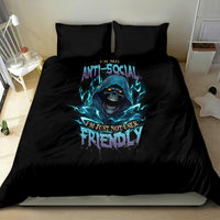 Black bedding set with teal skull design on duvet and two coordinated pillowcases