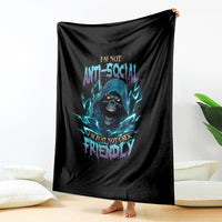 Black anti-social skull throw blanket with blue glowing lettering