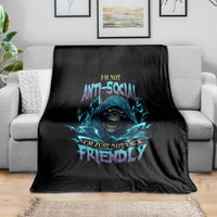 Black skull graphic blanket with blue neon text and flame-like outline