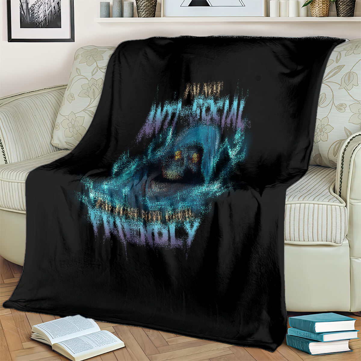 Black skull blanket with blue electric graphic and distressed text