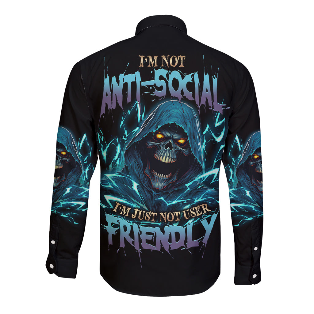 I'm Not Anti-social Mad Reaper Skull Long Sleeve Button Shirt - Wonder Print Shop