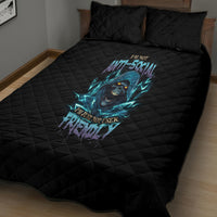 Black quilt bed set with blue skull graphic and text, quilted comforter