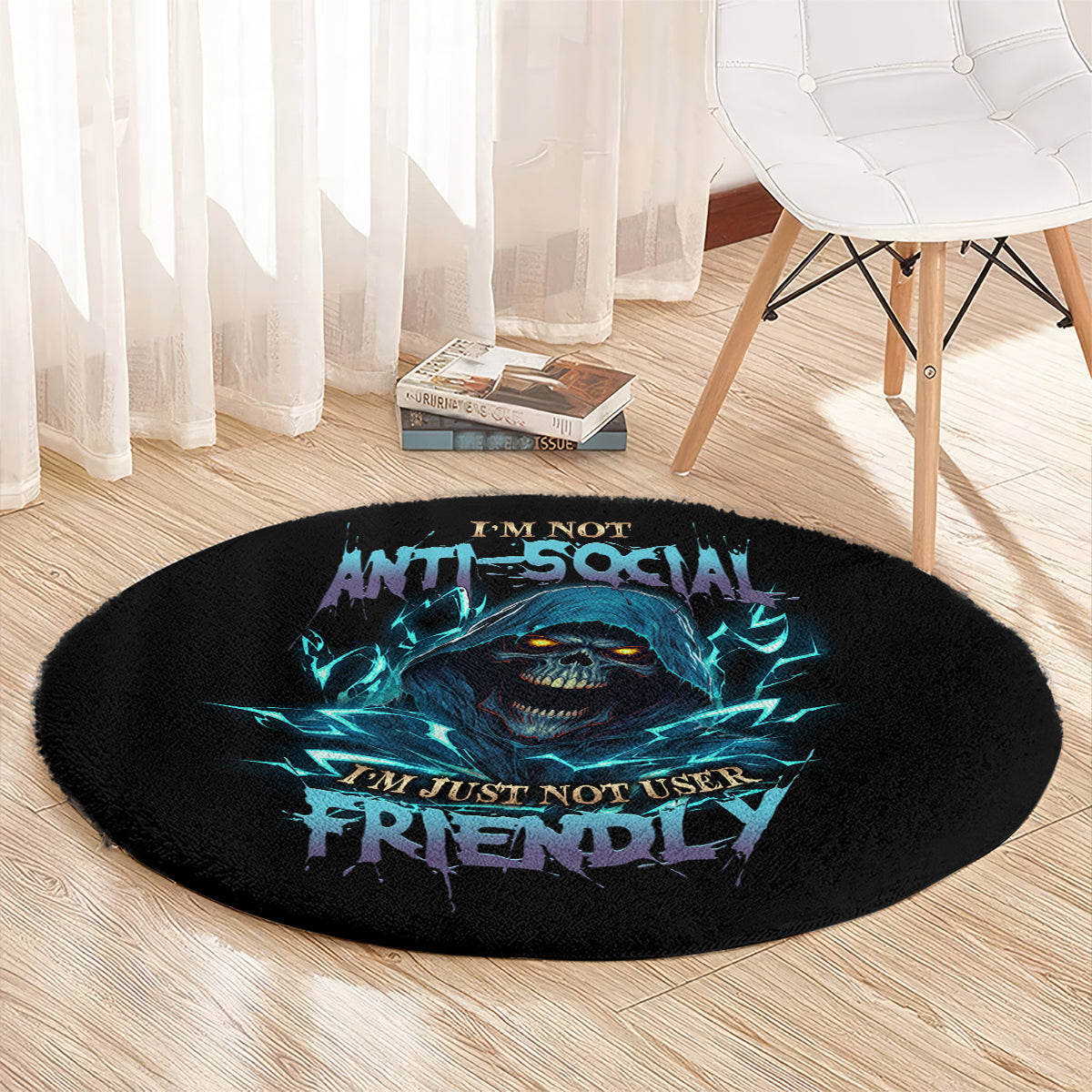 Round black rug with blue skull graphic and 'anti-social' lettering