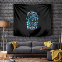Black wall-hanging tapestry with blue skull and anti-social quote design