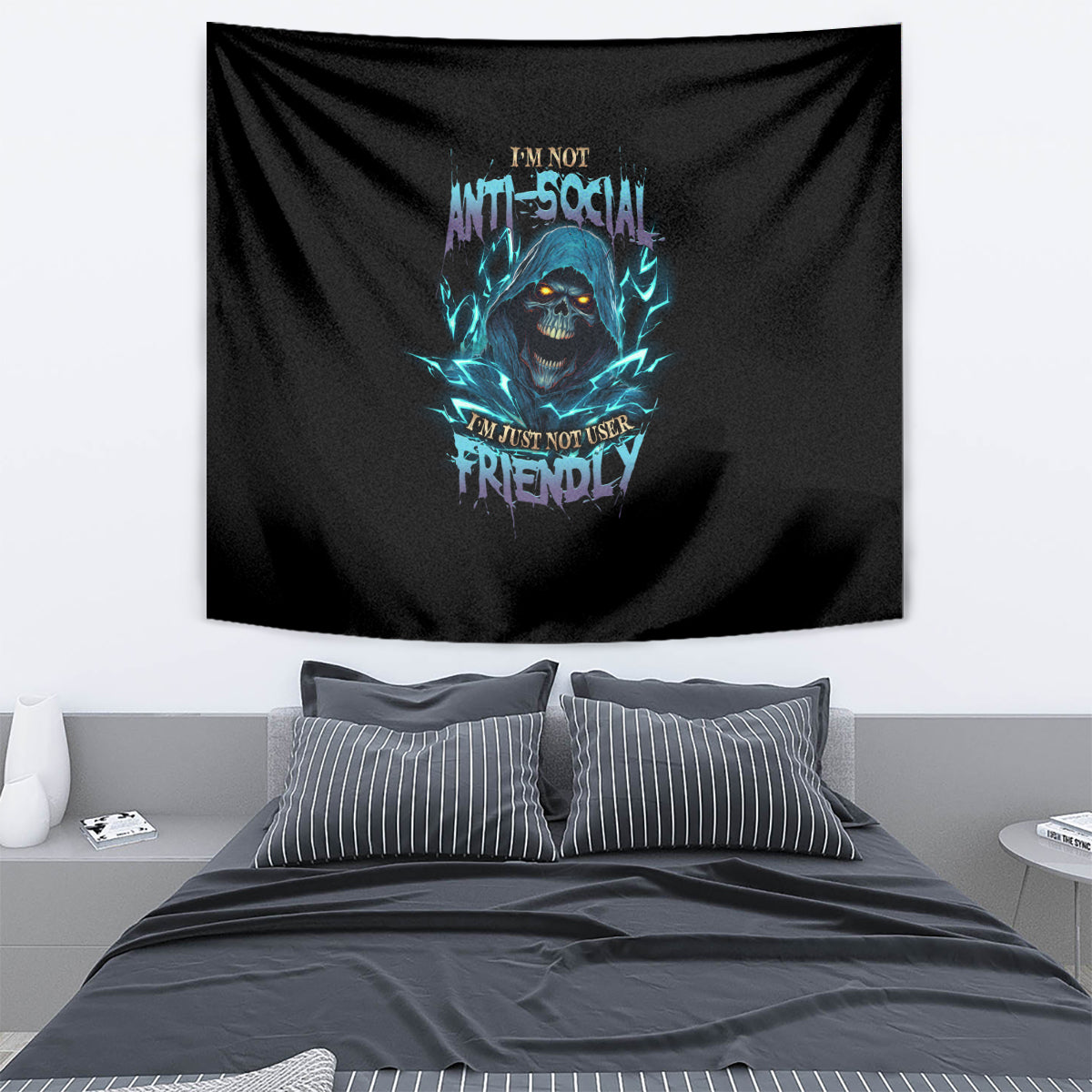 Black rectangular tapestry with blue skull and motivational lettering