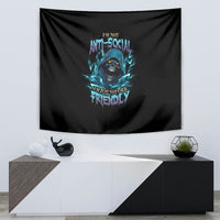 Black wall tapestry featuring blue glowing skull with quote lettering