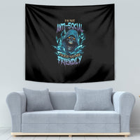 Black rectangular tapestry with blue skull graphic and stacked text