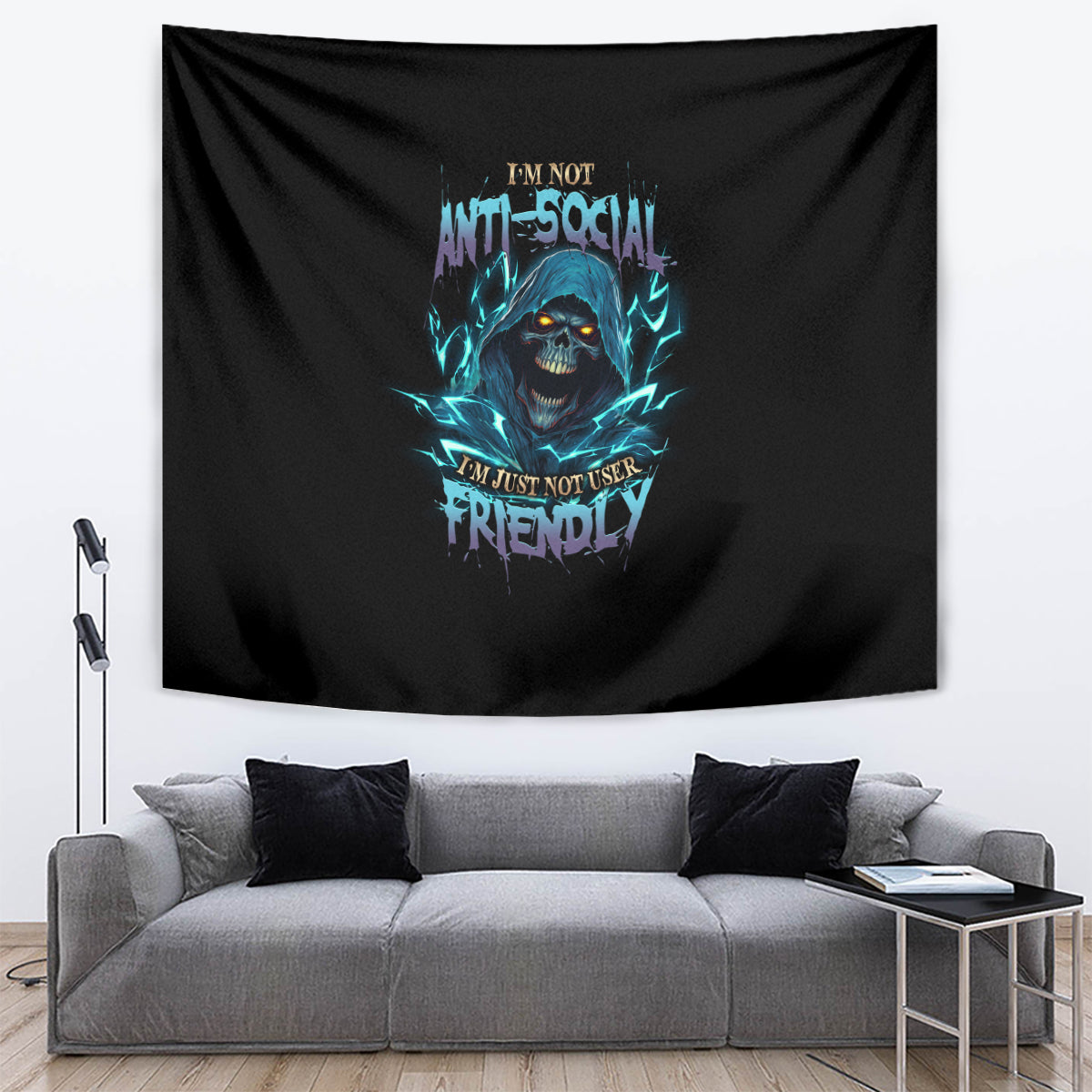 Black tapestry with blue skull artwork and friendly quote lettering