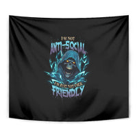 Black rectangular tapestry close-up of blue glowing skull and lettering