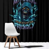 Black window curtain panel with neon blue skull and purple graphic text
