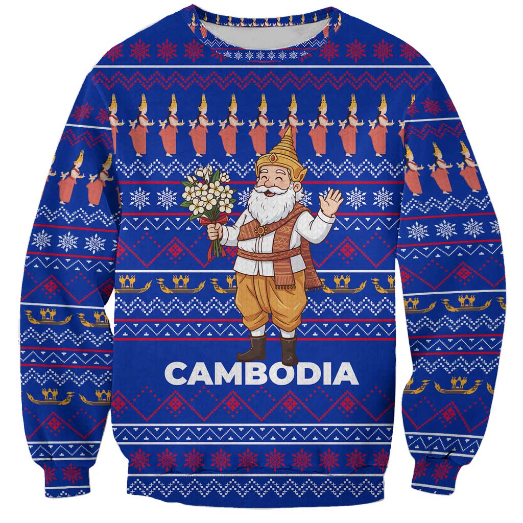 Cambodia Christmas Sweatshirt with Santa in Traditional Outfit Elephant Dancers and Snowflake Pattern - Wonder Print Shop