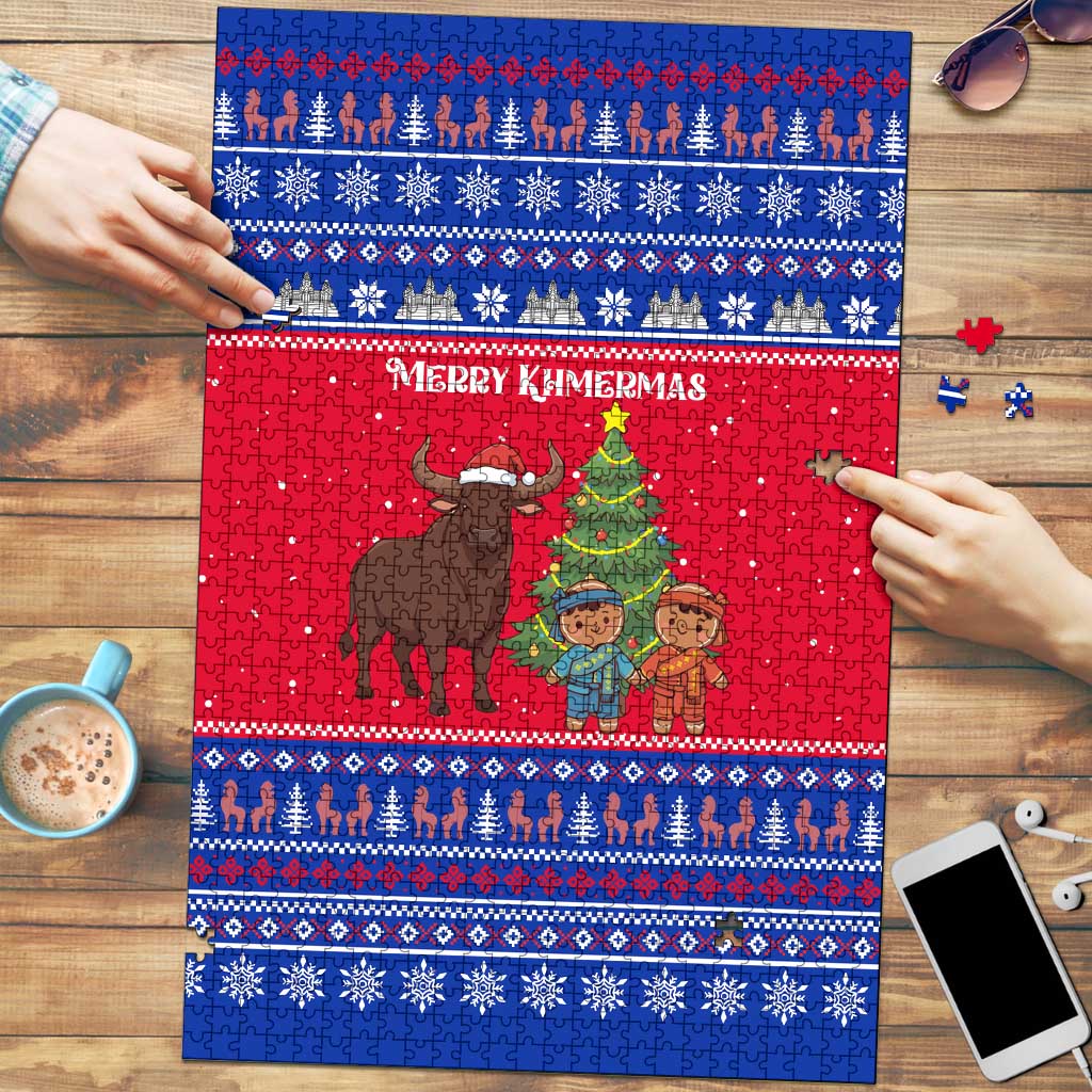 Cambodia Christmas Puzzle with Buffalo Children Holiday Tree Snowflakes and Khmer Pattern Design - Wonder Print Shop
