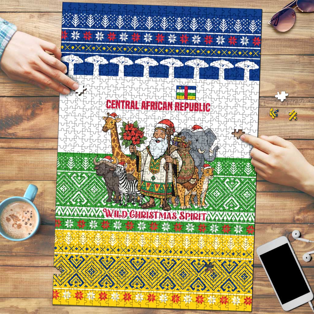 Central African Republic Christmas Puzzle with Santa and Safari Animals Baobab Trees Snowflakes and Tribal Pattern - Wonder Print Shop