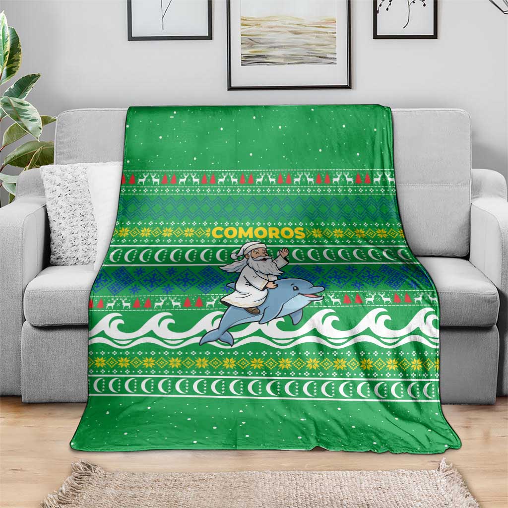 Comoros Christmas Blanket with Santa Riding Dolphin Ocean Waves Crescent Moon and Tribal Pattern - Wonder Print Shop